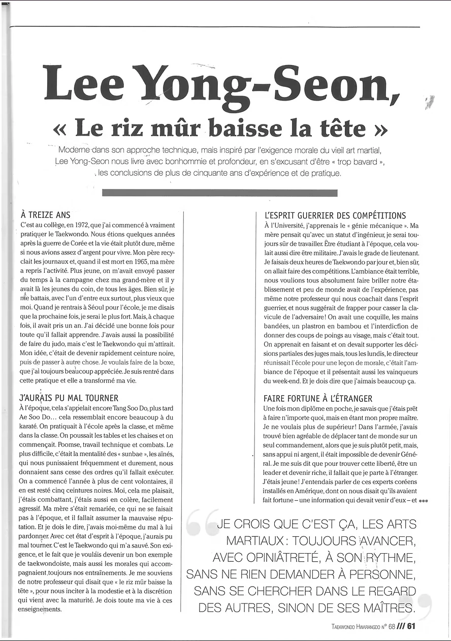 Article Taekwondo Hwarangdo n°68, page 61 : Lee Yong-Seon, Le riz mûr baisse la tête