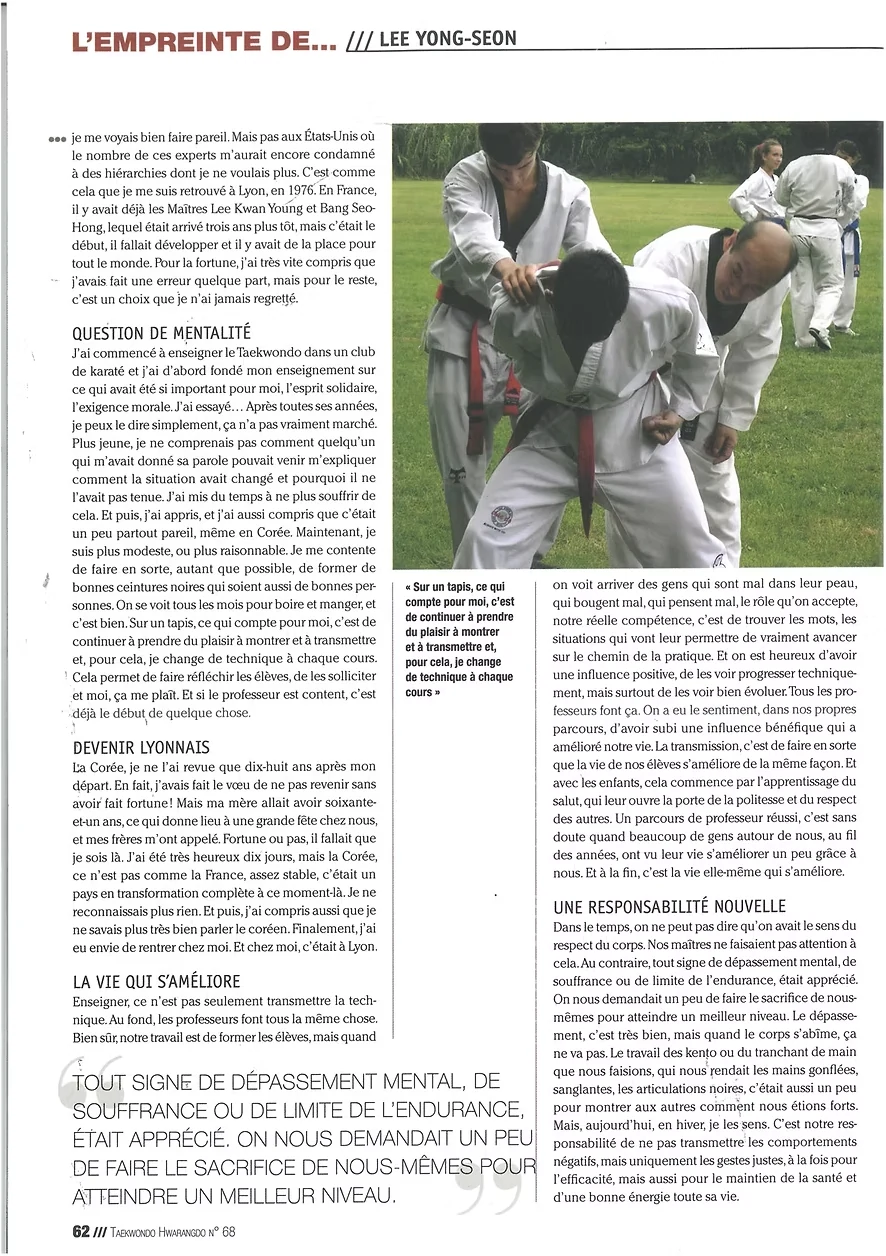 Article Taekwondo Hwarangdo n°68, page 62 : entretien et photographie d’entraînement en extérieur