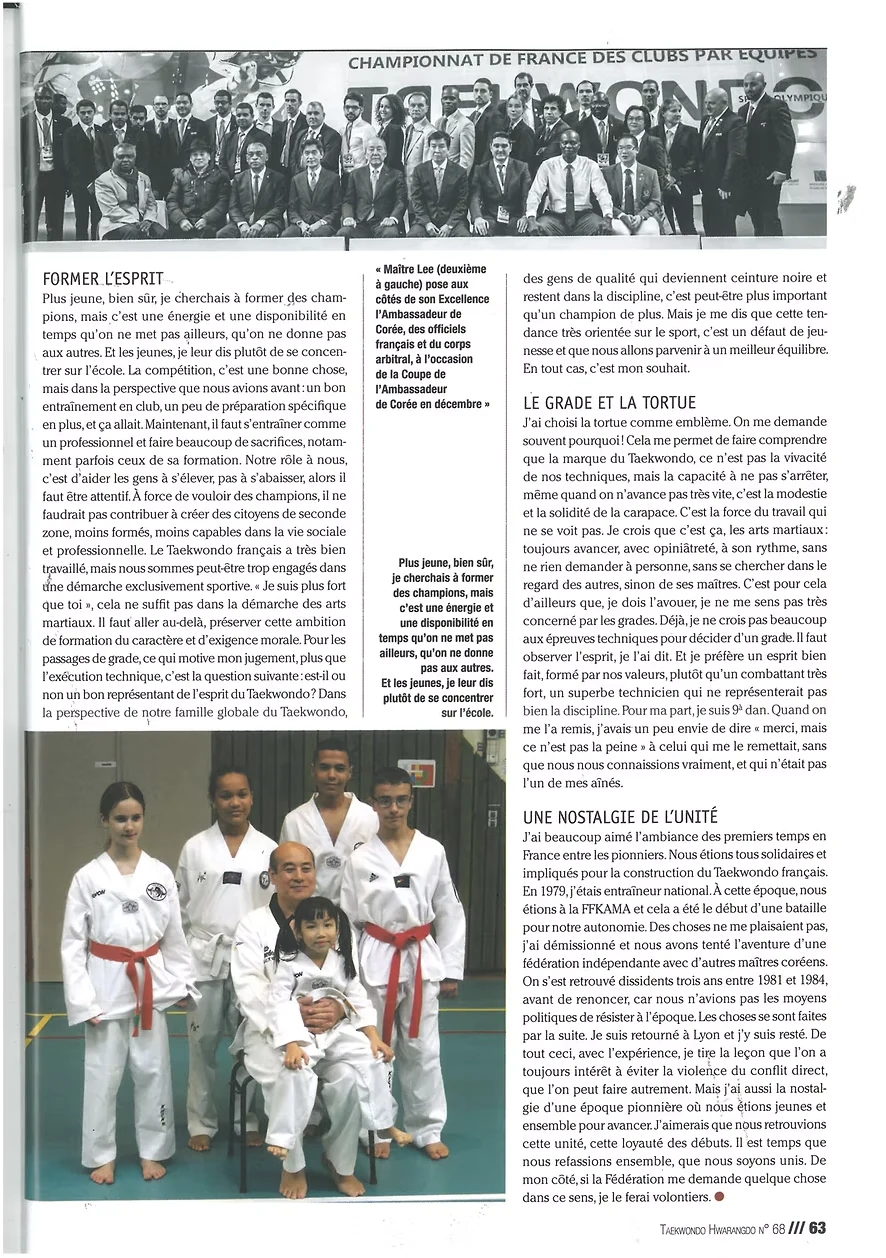 Article Taekwondo Hwarangdo n°68, page 63 : photographie de groupe officielle et suite de l’entretien